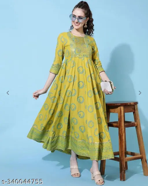 Rayon printed embroidery long kurta, Indian festive wear with three-quarter sleeves