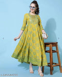Rayon printed embroidery long kurta, Indian festive wear with three-quarter sleeves