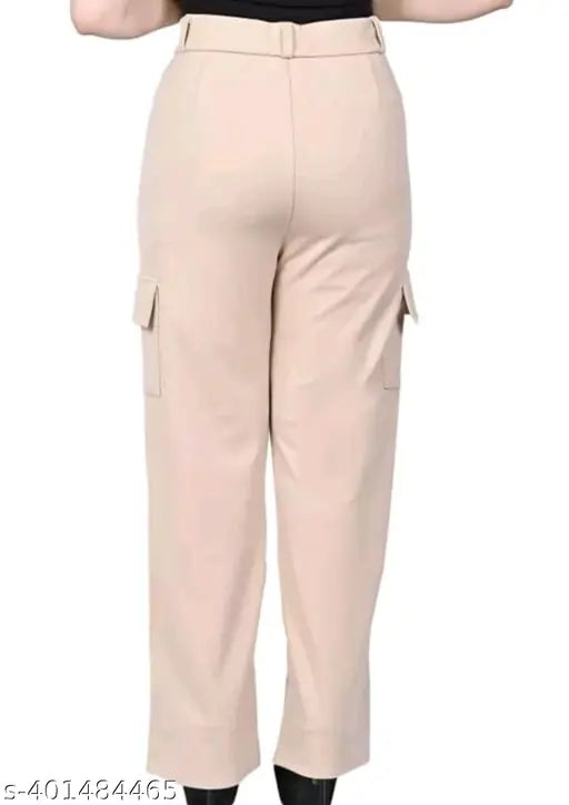 Brown Lycra high-rise cargo pants, 4 pockets, stretchable, casual & formal wear for women