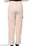 Brown Lycra high-rise cargo pants, 4 pockets, stretchable, casual & formal wear for women