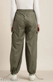 Olive green polyester trousers, high-waisted cargo style with side pockets for versatile wear