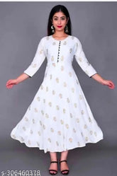 Rayon gold print Anarkali kurti, beautiful Indian traditional wear with three-quarter sleeves and rayon fabric, available in sizes S to XXL