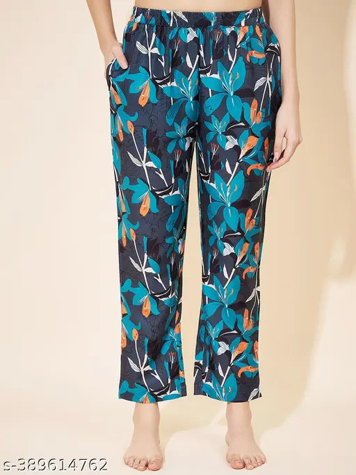 Teal floral printed cotton night suit set for women, India-origin sleepwear with lapel collar and pockets