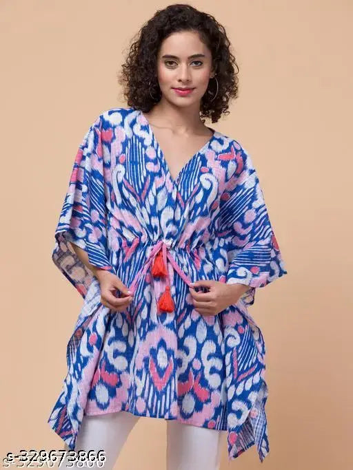 Multicolor cotton v-neck kaftan with pink tassel and adjustable waist string, Indian handloom garment