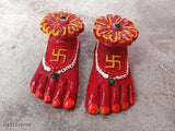 Red Terracotta Lakshmi Charan Paduka - Handcrafted Synthetic Resin Showpiece for Mandir Pooja & Diwali