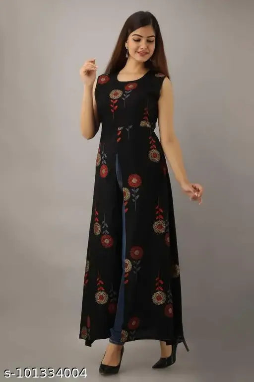 Women's printed Frontslite Rayon Kurti, sleeveless, vibrant Indian print design, XS-XXL sizes available