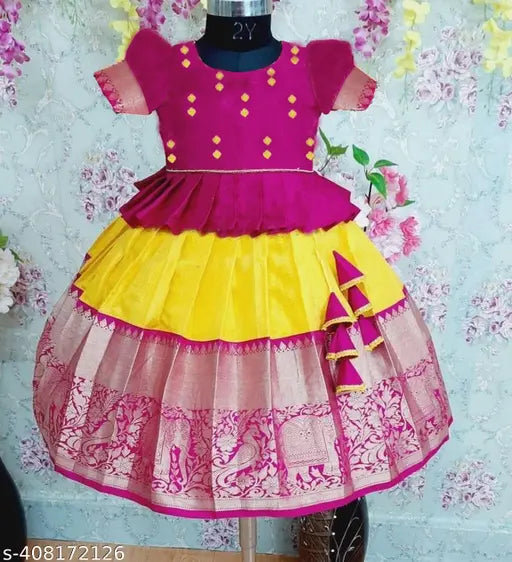 Agile Classy Kids Girls Zari Stitch Jacquard Lehanga Cholis, semi-stitched with short sleeves, perfect for traditional South Indian occasions like Ugadi, Mysuru Dasara, or Pongal