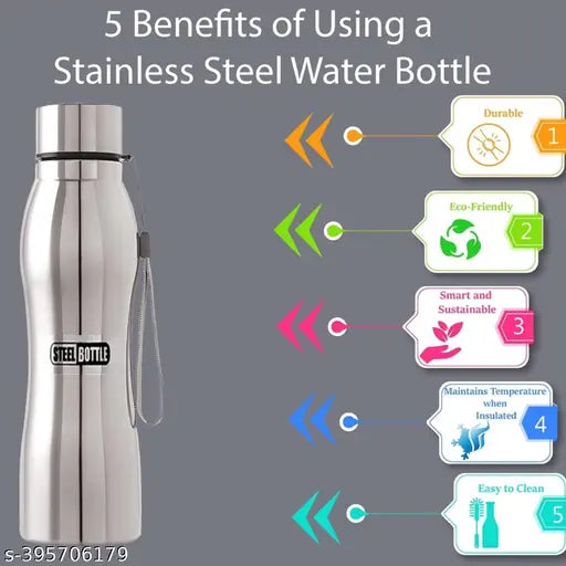 Silver stainless steel slim water bottle (1000ml), leak-proof and shatterproof for school, college, fridge, home & office use - perfect for men and women