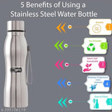 Silver stainless steel slim water bottle (1000ml), leak-proof and shatterproof for school, college, fridge, home & office use - perfect for men and women