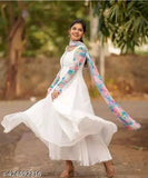White Georgette dupatta with digital print, long sleeves, available in sizes S-XXL. Digital printed Indian dupatta with solid pattern and long sleeves