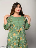 Plus-size printed floral kurta, pure cotton, three-quarter sleeves - Indian women's fashion, size XXL to 9XL