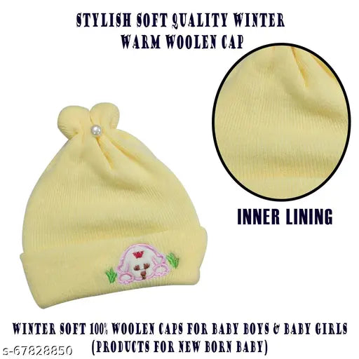 Multicolor wool beanie cap pack (3pcs) - Newborn baby unisex winter care, soft printed design, perfect for casual or special occasions