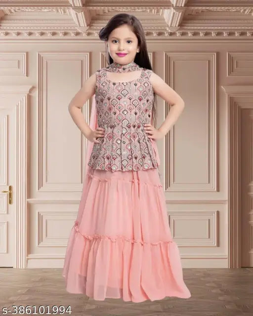 Kids Girls Georgette Lehenga Choli Set with Dupatta, ready-to-wear for parties, weddings, festivals. Sleeveless, embroidered design, ruffle stitch, India origin