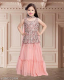 Kids Girls Georgette Lehenga Choli Set with Dupatta, ready-to-wear for parties, weddings, festivals. Sleeveless, embroidered design, ruffle stitch, India origin