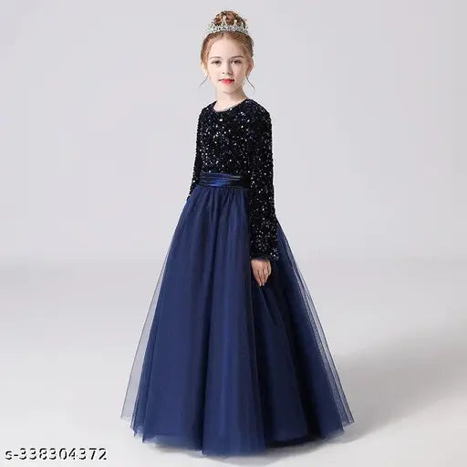 Embellished net gown with long sleeves for 9-15 years girls, velvet and nylon material, party wear dress with zipper back