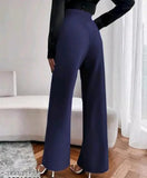 Cotton blend high-rise trousers for women in solid neutral color, ideal for easy wash and versatile wear