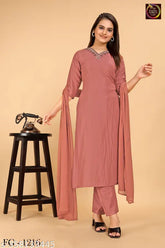 Viscose kurti pant dupatta set with fancy printed party wear dress, three-quarter sleeves, one side pocket. Made from Indian viscose fabric with a fully stitched dupatta (2.2 mtr). Available in sizes M, L, XL, XXL