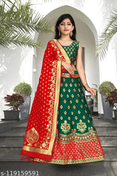 Chanderi silk lehenga-choli collection, heavy Banarasi Jacquard stitch with tussle, semi-stitched lehenga and un-stitched blouse, pairs well with heels or flats, 100% best quality, Indian origin. (Approx. 63 characters)
