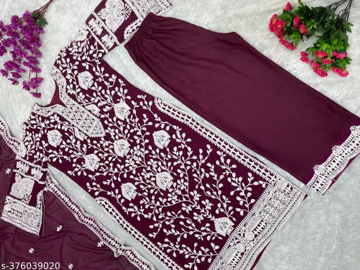 Georgette top and palazzo suit with embroidered dupatta, Indian heavy chine stitch work on soft silk and micro cotton