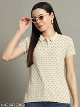 Cotton blend women's printed half sleeves polo neck t-shirt, vibrant colorway for summer stylishness