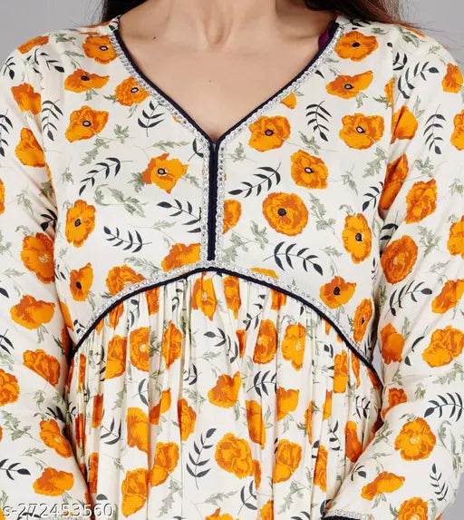 Rayon three-quarter sleeve Aliya Cut Floral Summer Dress/Kurti, printed combo for women, single size S (36in bust, 50in length)