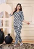 Women's Rayon Printed Night Suit Top and Pyjama Co-ord Set, rayon sleepwear set with three-quarter sleeves, matching pajamas for nighttime comfort, India-made coordinated night outfits
