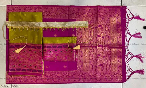 Art Silk traditional kids half saree set, unstitched Lehenga and Blouse with Litchi Silk Dupatta, features Zari woven designs and semi-stitched tussles, includes belt. Indian origin