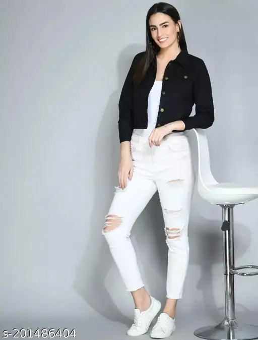 Denim women's jacket in new stylish colors, solid pattern, size L/XL (bust 40/42 in, length 21 in, waist 38/40 in), made in India