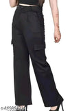 Black cotton blend cargo pants - trendy, comfortable women's trouser, solid design, affordable fashion from India