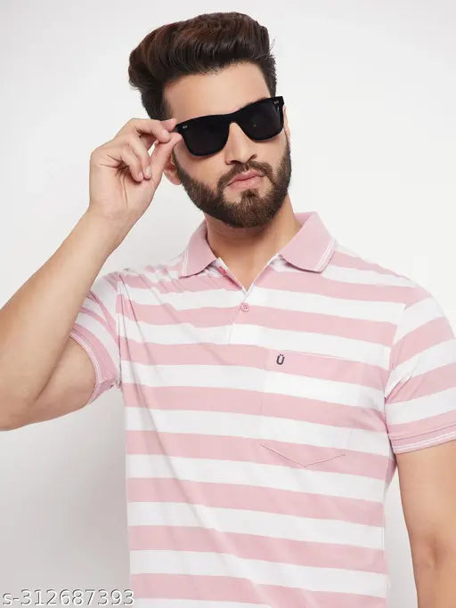 Striped cotton blend men's polo shirt, short sleeves - size L (42in chest), XL (44in chest), XXL (46in chest), XXXL (48in chest), 4XL (50in chest)