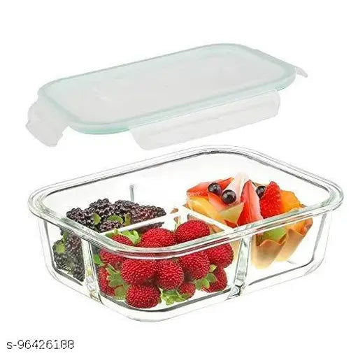 Borosilicate Glass Lunch Box, 3-Compartment, Microwave Safe, 1000ml, Leak Proof, India