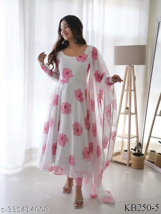 Georgette Floral Printed Anarkali Kurta with Duppatta, long-sleeved Indian ethnic wear. New launch for traditional occasions