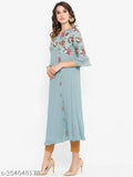 Blue poly crepe women's floral print A-line kurta, three-quarter sleeves, XS to XXXL sizes available