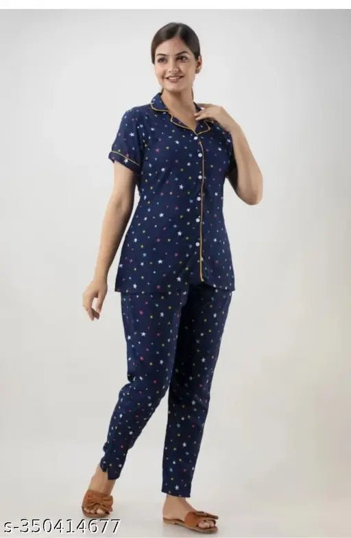 Rayon printed nightwear suit for women, beautiful preety look pyjamas and shirt set with short sleeves, India origin