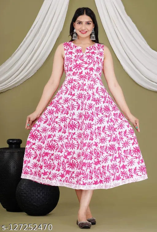 Pink cotton kurti set with dupatta and bottomwear, sleeveless printed design, India origin