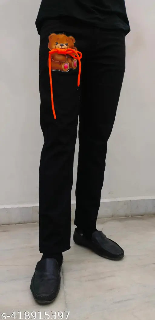 Black denim men's taddy jeans, solid pattern in sizes 28, 30, and 32. Made in India