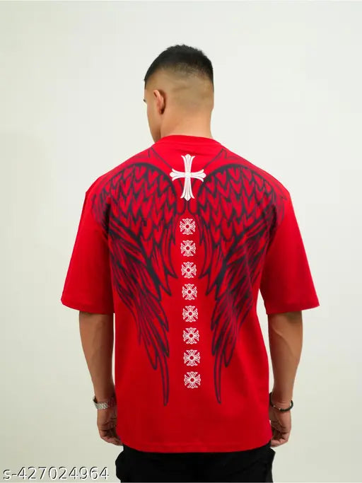 Red oversized men's cotton lycra T-shirt with 3D printed wings, casual and versatile for daily wear or parties