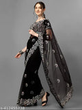 Black embroidered multi sequence flower net saree with separate blouse, Indian traditional attire for women
