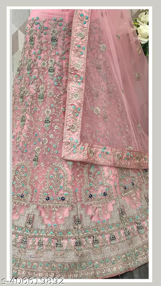 Heavy pink net embroidered lehenga choli set, perfect for festive occasions - Indian designer work, free size with matching dupatta and blouse