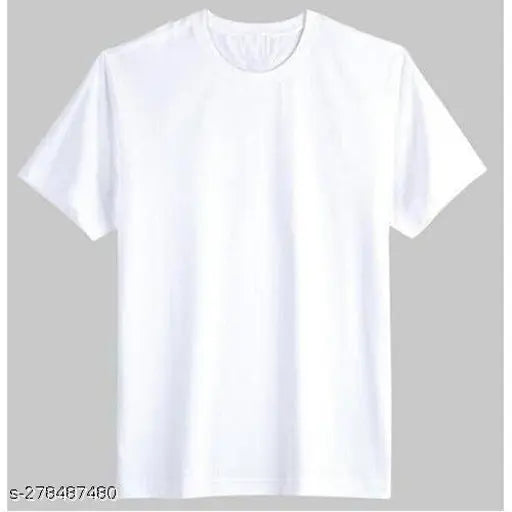 White polyester short-sleeve men's t-shirt, solid design in various sizes: XS-XXL. Made in India