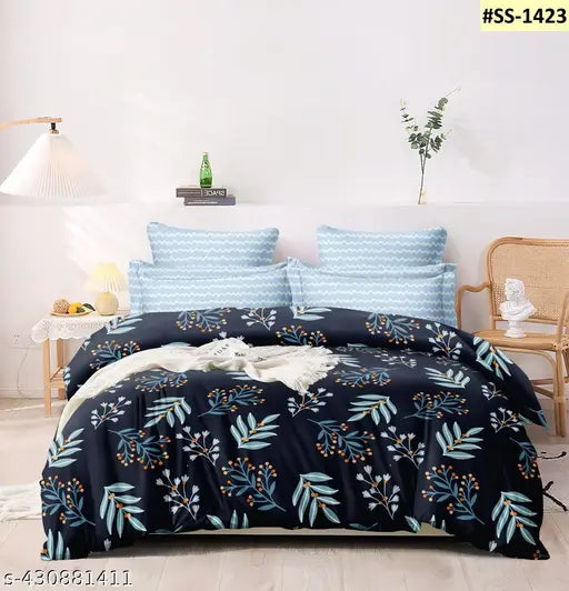 Dark blue leafy bedsheet, 210TC with 2 pillow covers - modern bedroom decor in cool tones