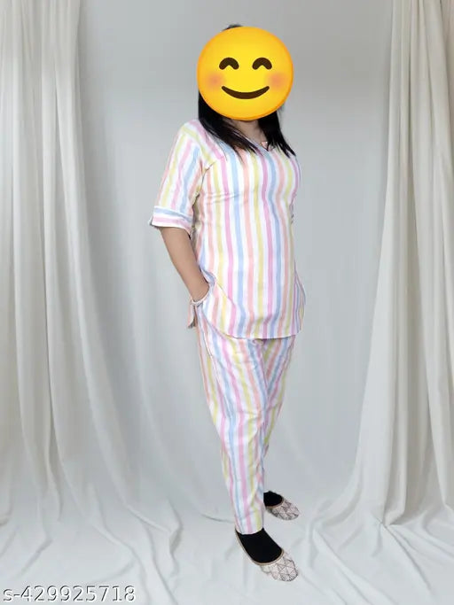 Multicolor striped cotton blend nightwear set for women, soft, loose-fit, breathable, comfortable, stylish pattern