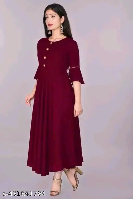 Maroon rayon anar kali kurti, classic Indian women's fashion, solid pattern, three-quarter sleeves