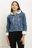Blue denim cropped jacket with collar sleeves and fur lining, women's full-length denim jacket for casual wear