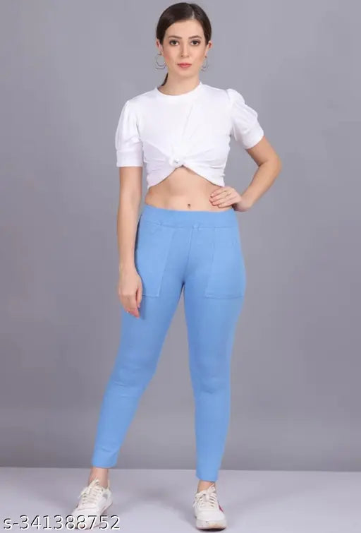 Cotton blend ankle type jeggings with pocket combo, solid net color, breathable, soft and stretchy fabric - essential pair for outdoor or casual wear, suitable sizes from 26"-32", XS-M