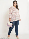 Brown & white abstract printed viscose rayon plus size mandarin collar top with three-quarter sleeves and side slit, India origin