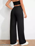 Cotton blend solid net ankle length trousers for women, high rise with front seam detail and elastic waistband. Slim fitting, straight leg, stretchy fabric. Style for women under 34in waist and 39in length. Indian origin