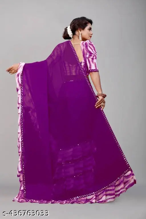 Georgette printed saree with ruffle frill blouse, Indian fashion for festive and party wear