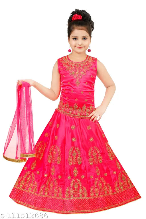 Pink cotton partywear top & bottom set for kids, embellished Lehenga in soft Art Silk fabric