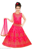 Pink cotton partywear top & bottom set for kids, embellished Lehenga in soft Art Silk fabric